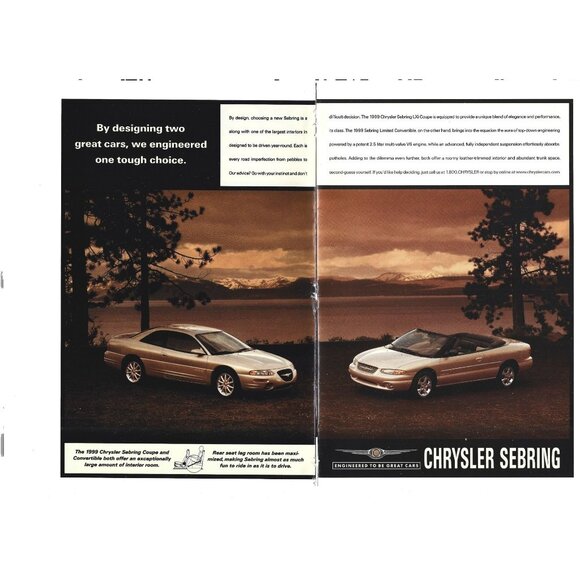 Chrysler's Sebring 1999 LXi Coupe Luxury Car 1990s Vintage Print Ad 2 PAGE - Picture 1 of 4